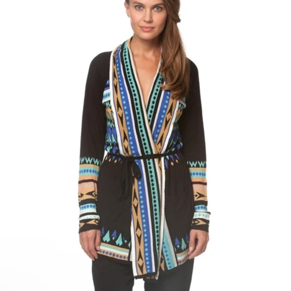 GYPSY 05 Global Village Longline Geomatric Aztec Cardigan Sweater Wrap Tie XS